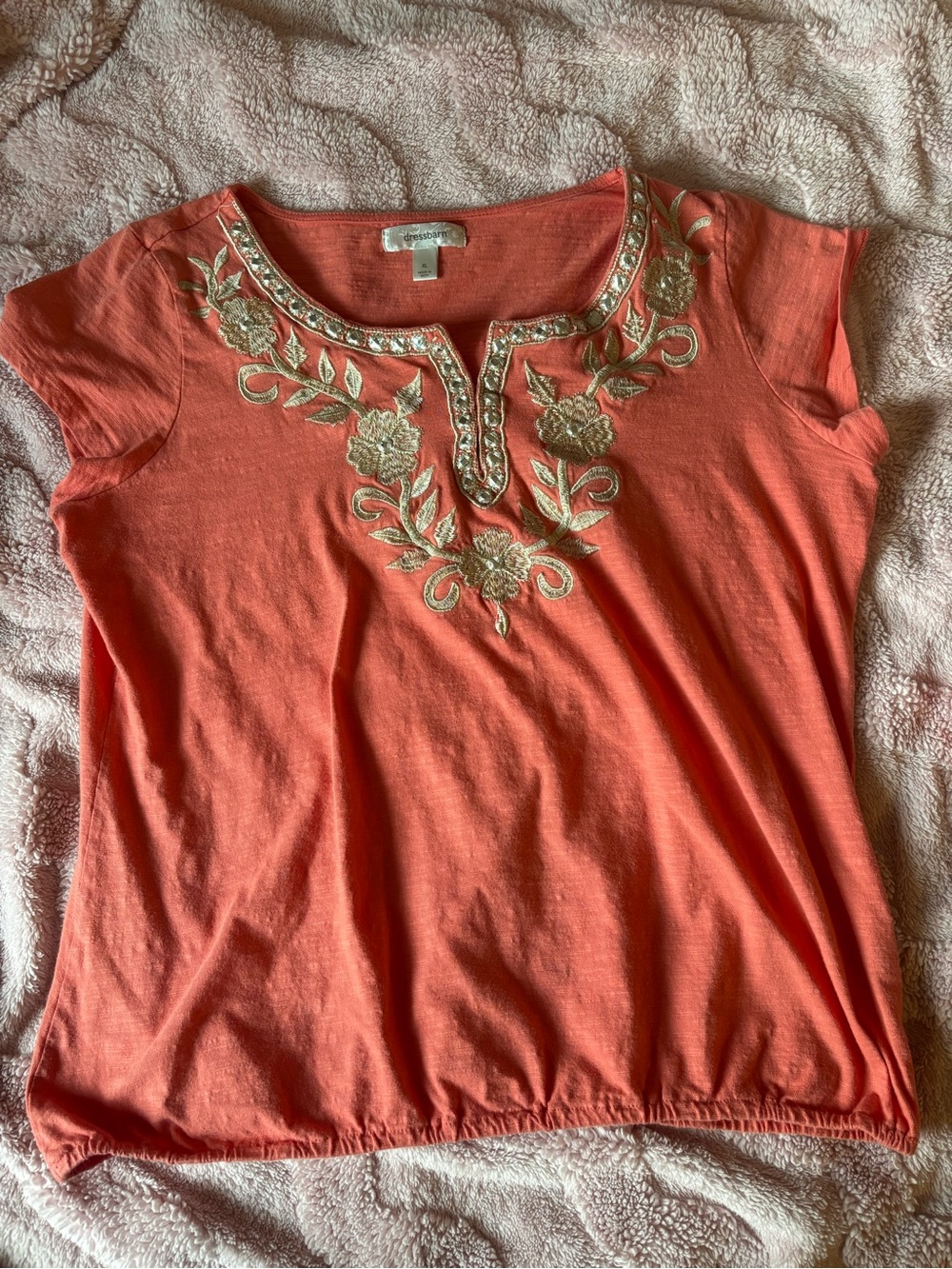 Dress Barn Coral Short Sleeve Tee with Gold Embroidered Neckline